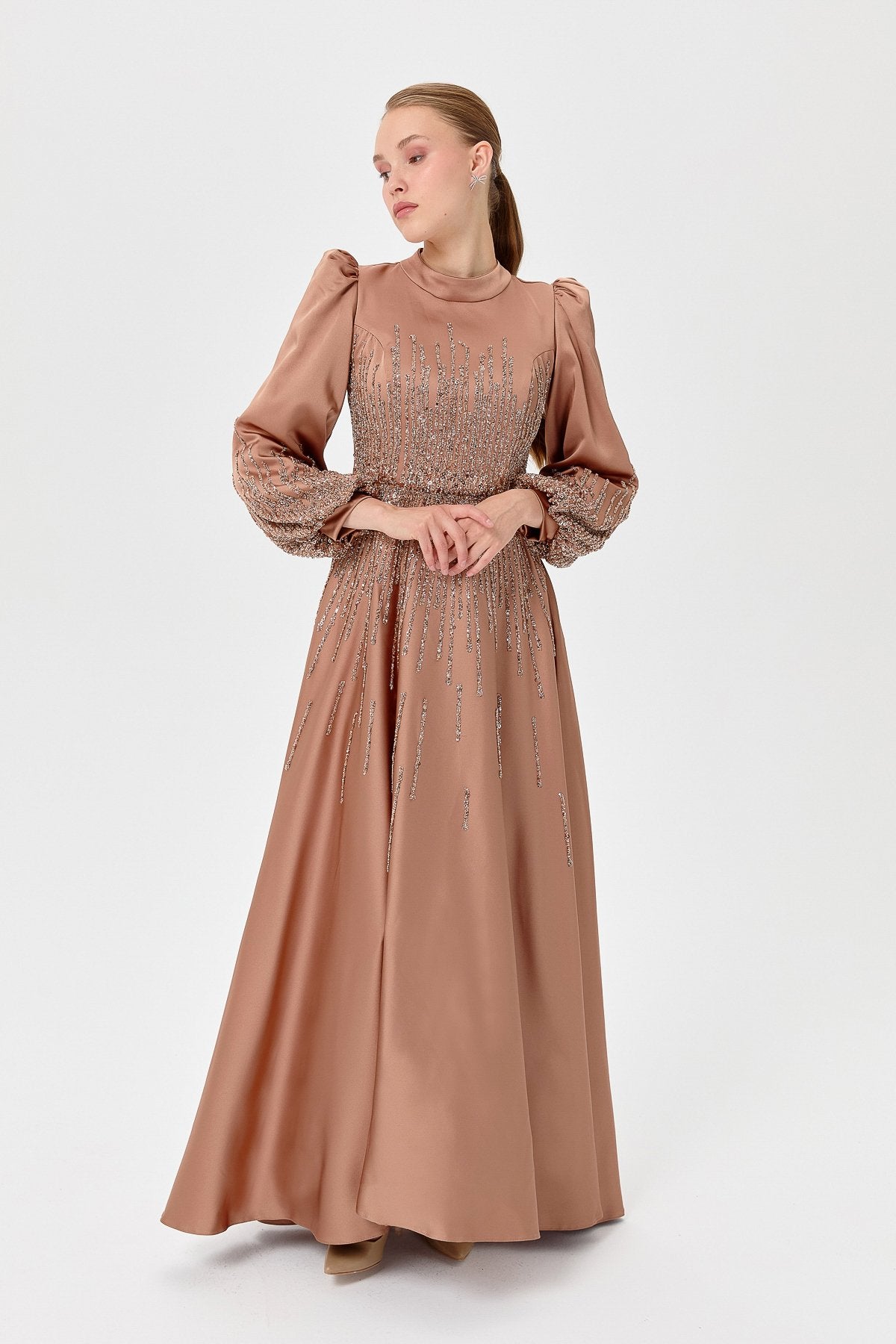Saten Taşlı  Abiye - Bronz