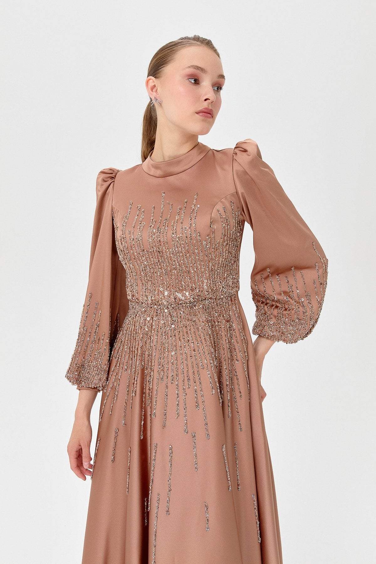 Saten Taşlı  Abiye - Bronz