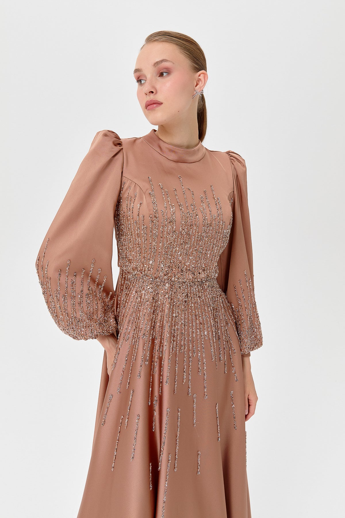Saten Taşlı  Abiye - Bronz