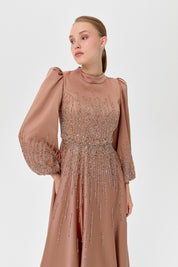 Saten Taşlı  Abiye - Bronz