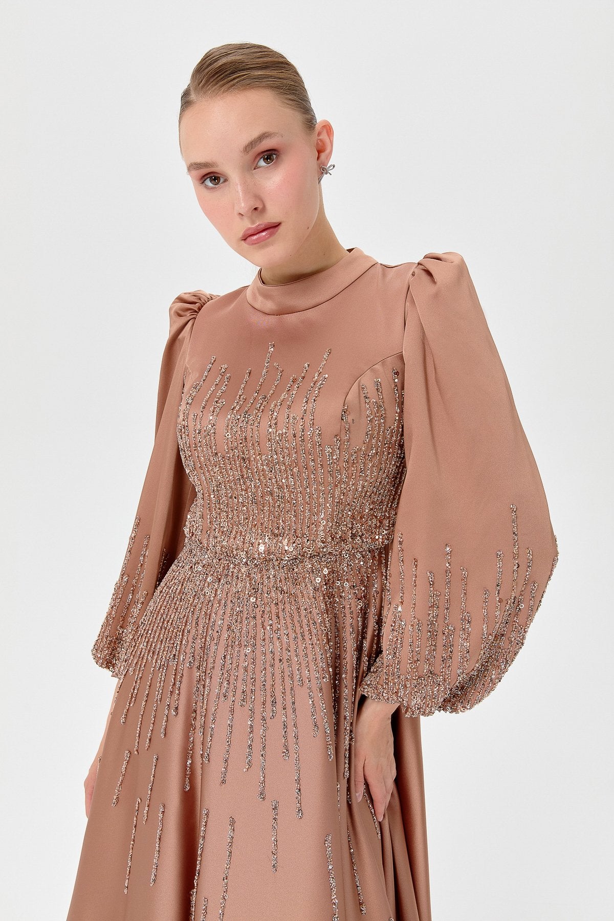 Saten Taşlı  Abiye - Bronz