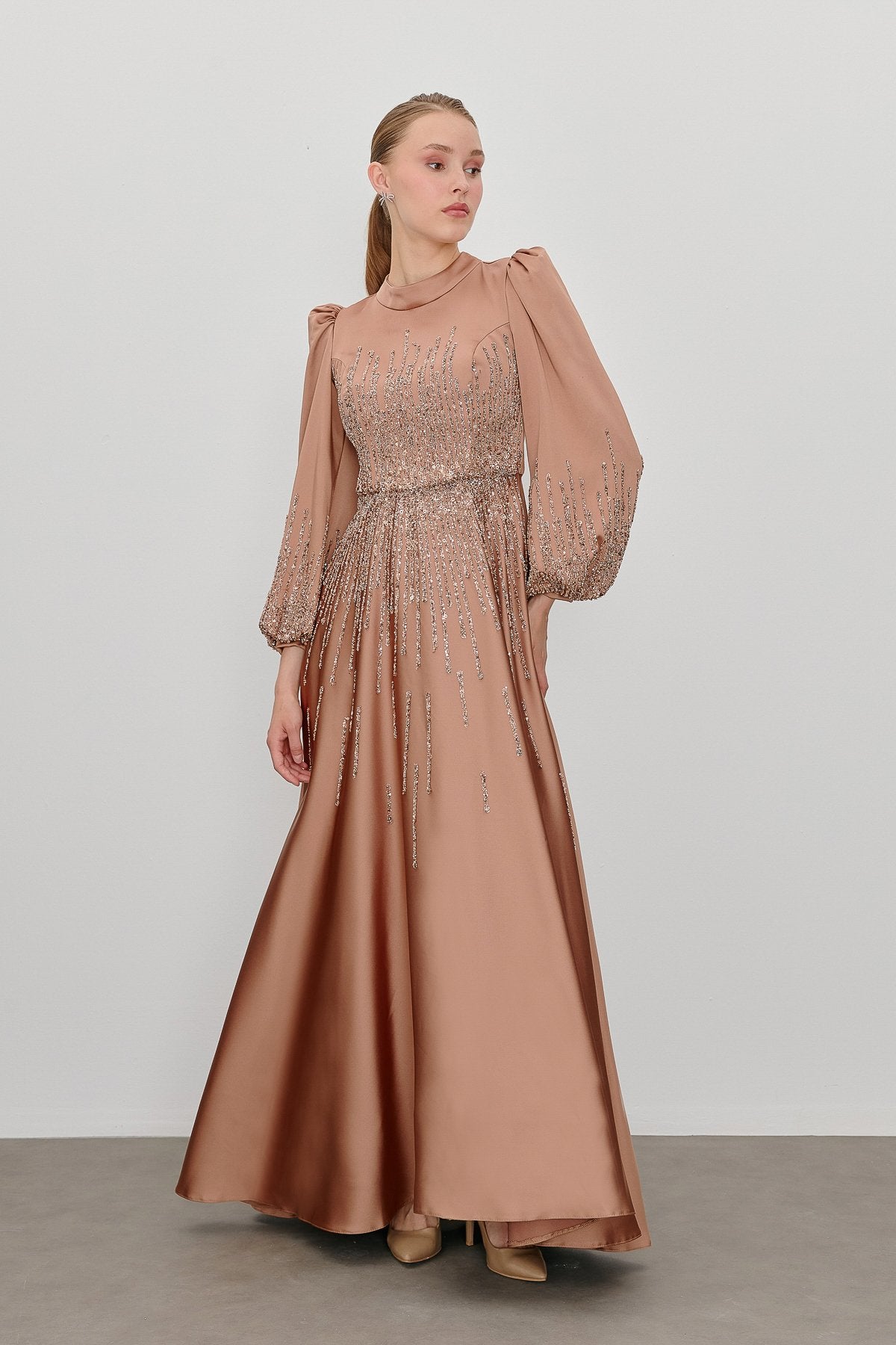 Saten Taşlı  Abiye - Bronz