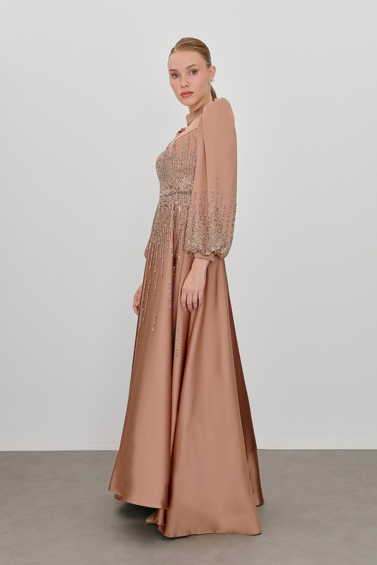 Saten Taşlı  Abiye - Bronz