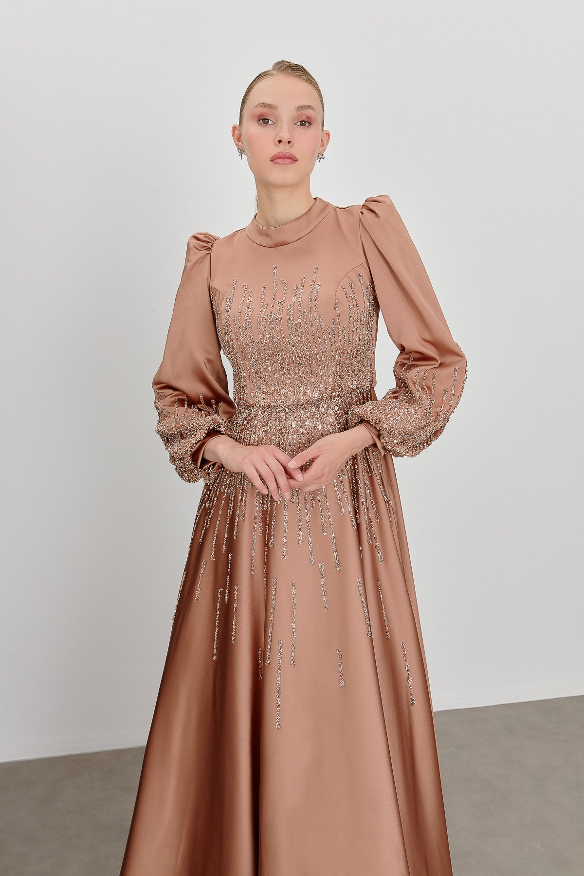 Saten Taşlı  Abiye - Bronz