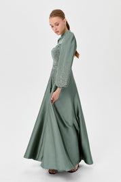 Saten Taşlı  Abiye - Haki