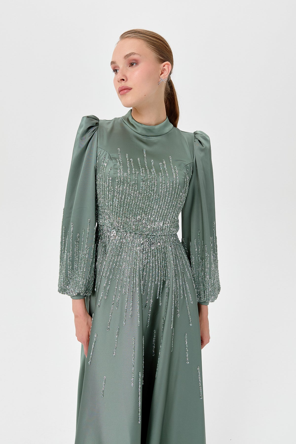 Saten Taşlı  Abiye - Haki