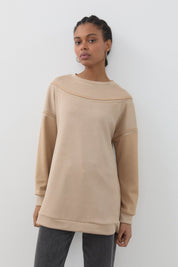 Şerit Detaylı Cupra Süet Sweat - Bej