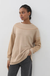 Şerit Detaylı Cupra Süet Sweat - Bej