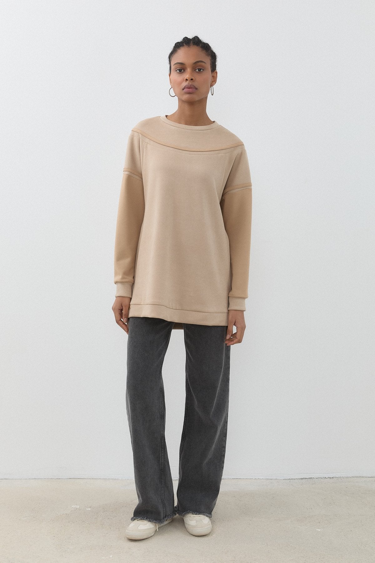 Şerit Detaylı Cupra Süet Sweat - Bej