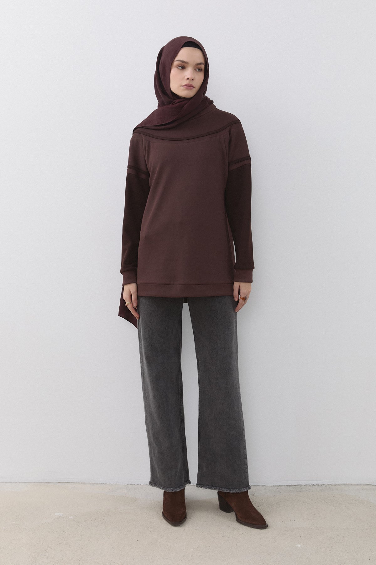Şerit Detaylı Cupra Süet Sweat - Kahve