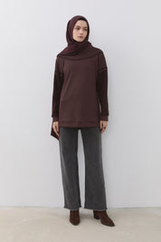Şerit Detaylı Cupra Süet Sweat - Kahve