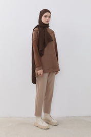 Şerit Detaylı Cupra Süet Sweat - Vizon
