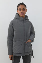 Quilted Coat with Stripe Detail - Grey