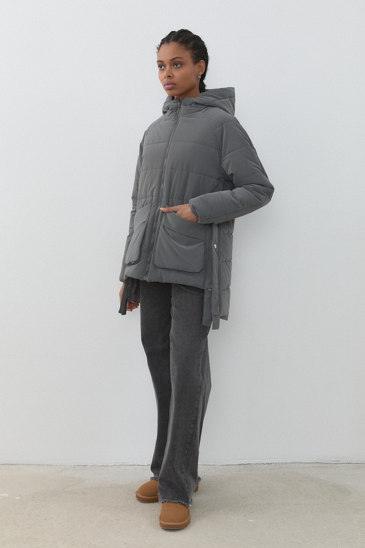 Quilted Coat with Stripe Detail - Grey