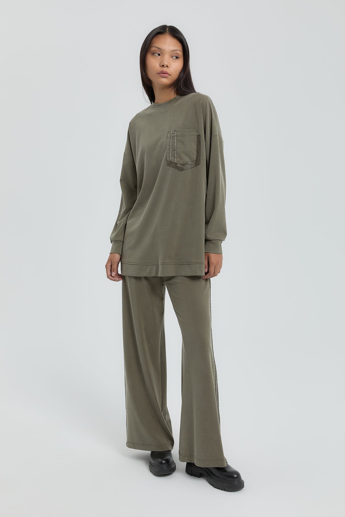 Striped Detail Pant Tunic Set - Khaki