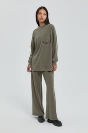 Striped Detail Pant Tunic Set - Khaki