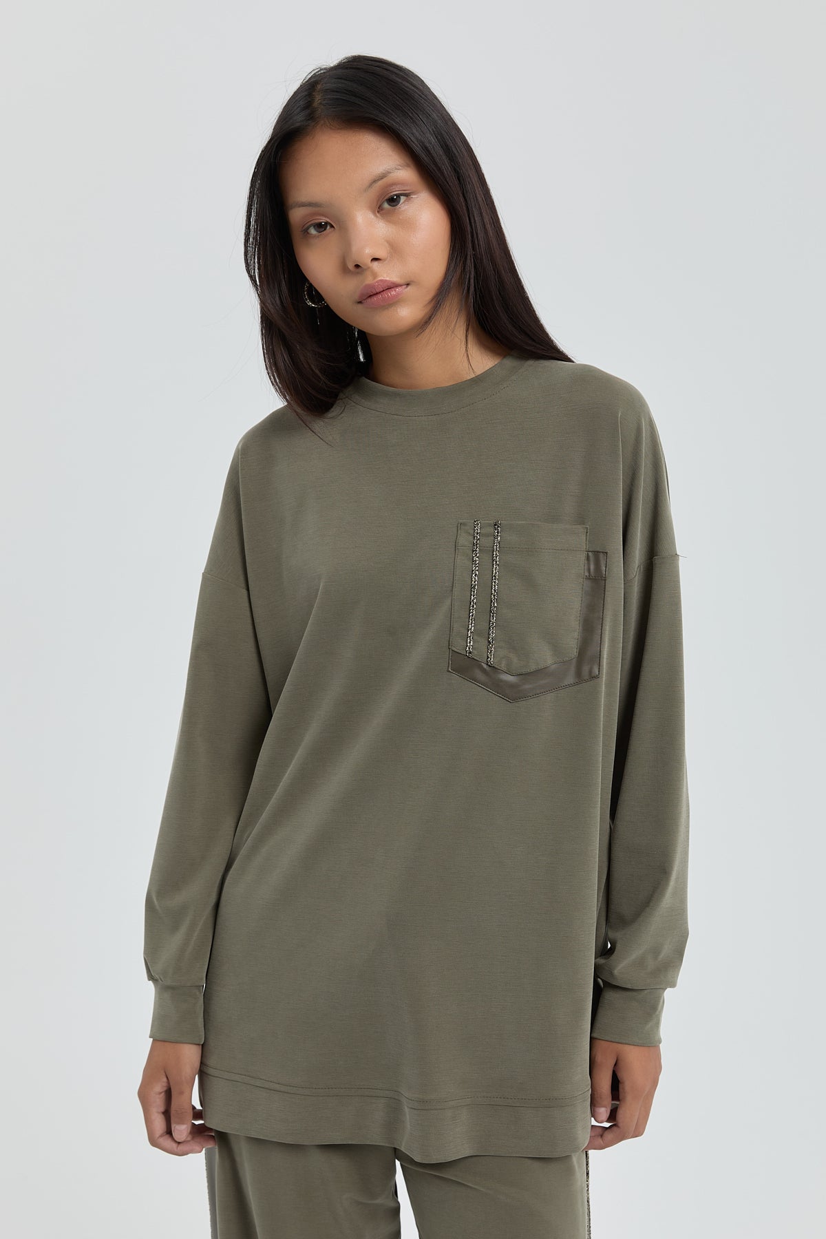 Striped Detail Pant Tunic Set - Khaki
