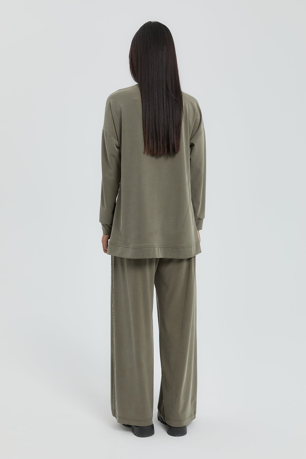 Striped Detail Pant Tunic Set - Khaki