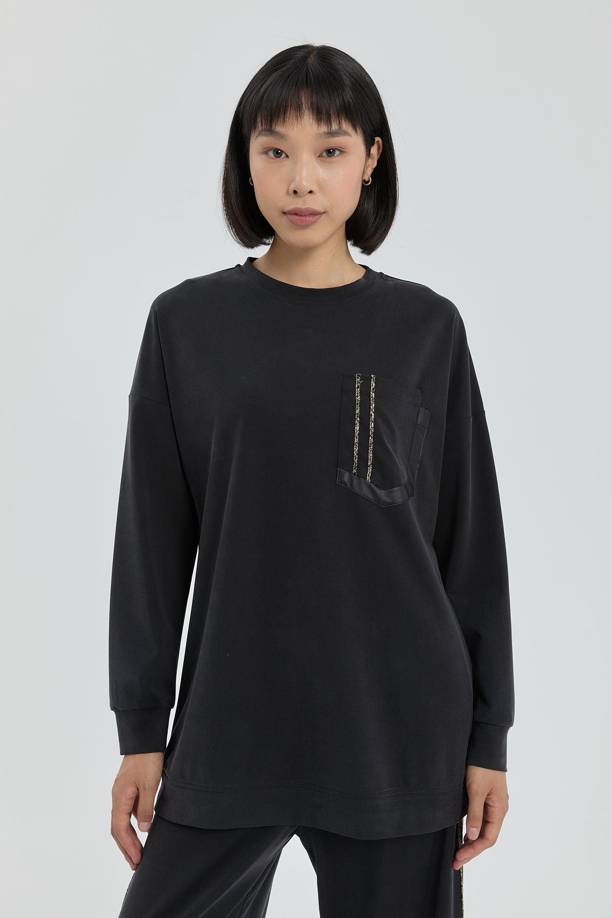 Şerit Detaylı Pantolon Tunik Takım - Siyah