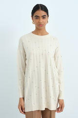 Striped Stone Detail Knitted Tunic - Ecru