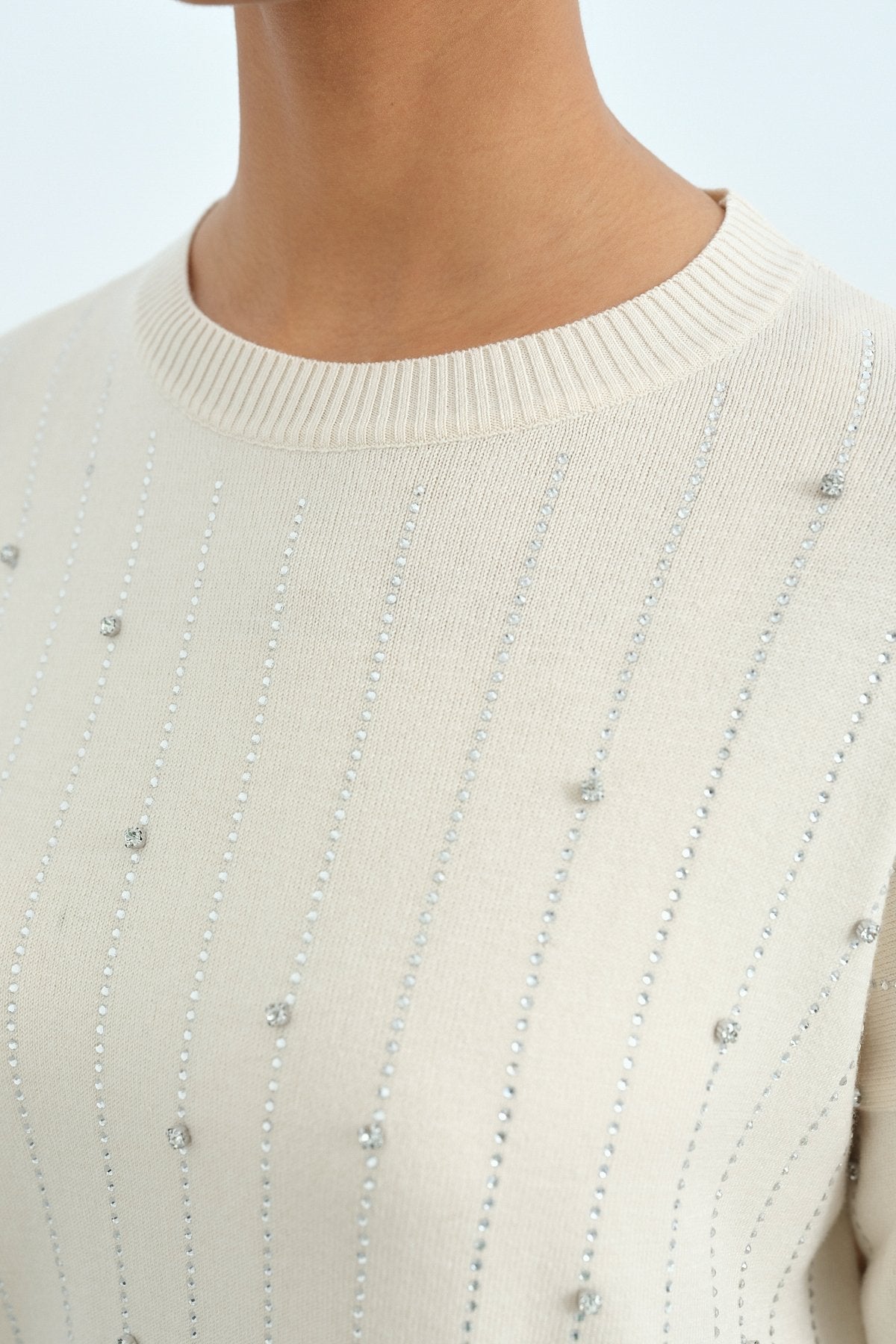 Striped Stone Detail Knitted Tunic - Ecru