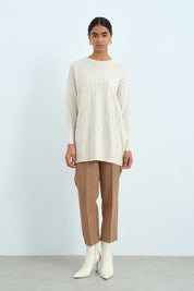 Striped Stone Detail Knitted Tunic - Ecru