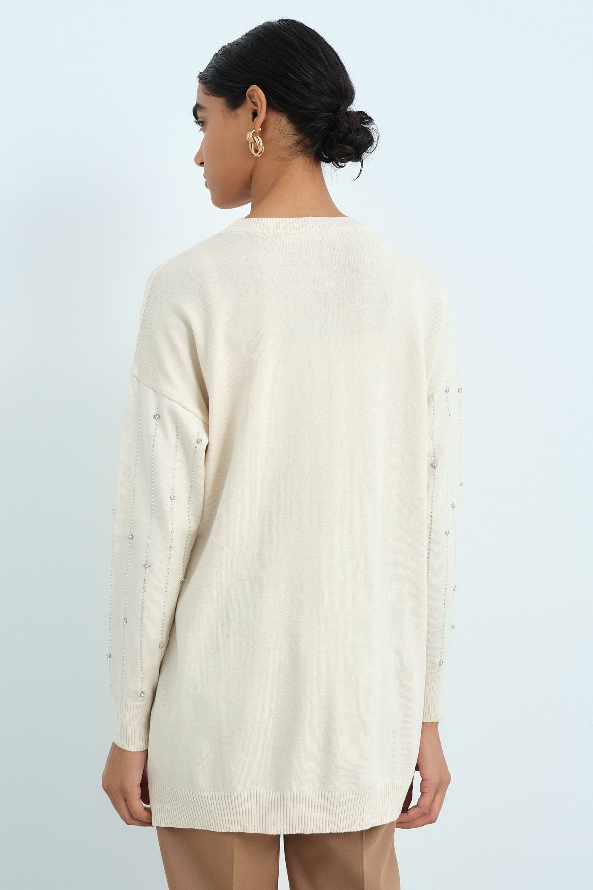Striped Stone Detail Knitted Tunic - Ecru