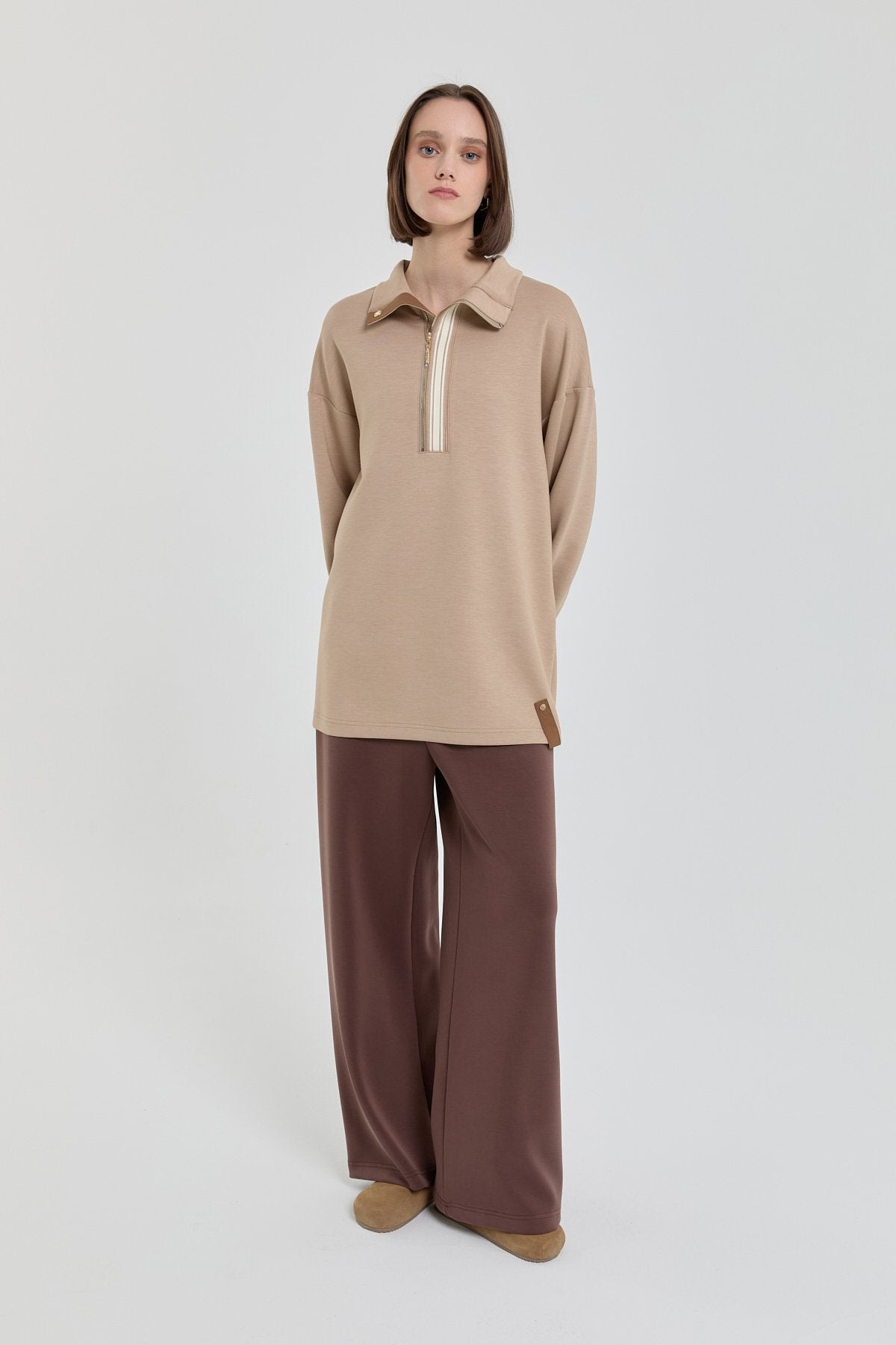 Şeritli Devrik yaka Örme Sweat - Camel