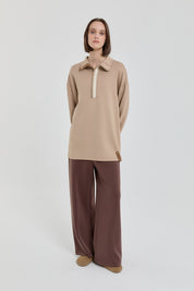 Şeritli Devrik yaka Örme Sweat - Camel