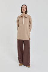 Şeritli Devrik yaka Örme Sweat - Camel