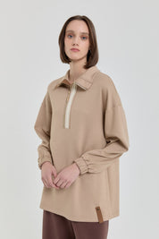 Şeritli Devrik yaka Örme Sweat - Camel