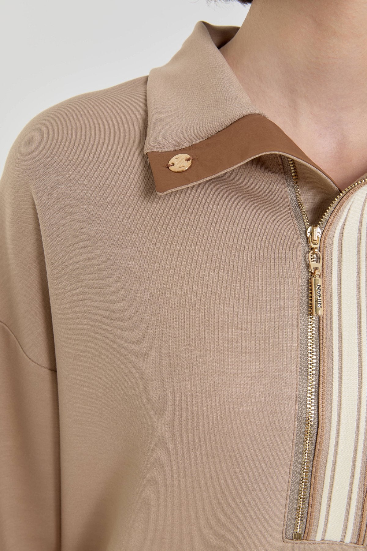 Şeritli Devrik yaka Örme Sweat - Camel