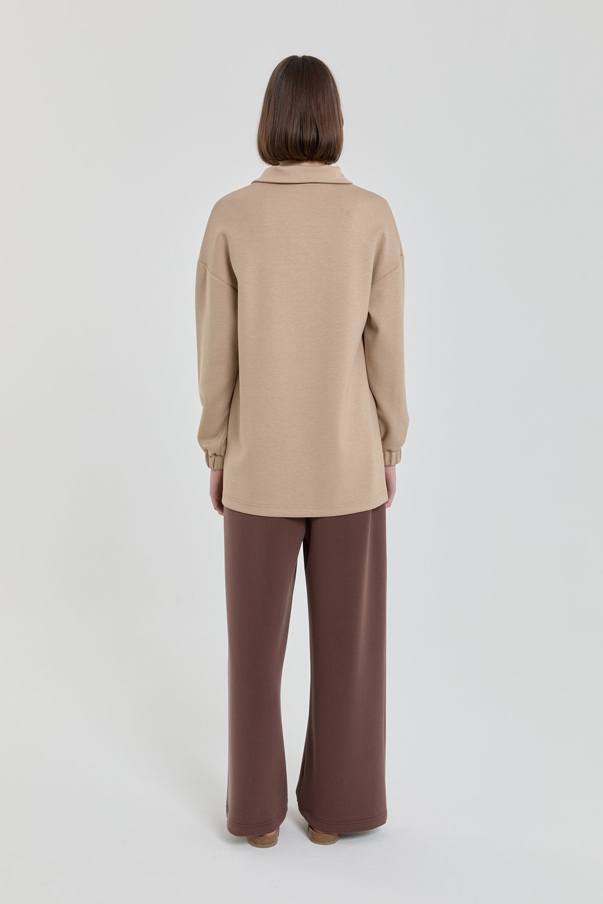 Şeritli Devrik yaka Örme Sweat - Camel