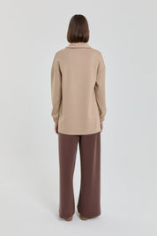 Şeritli Devrik yaka Örme Sweat - Camel