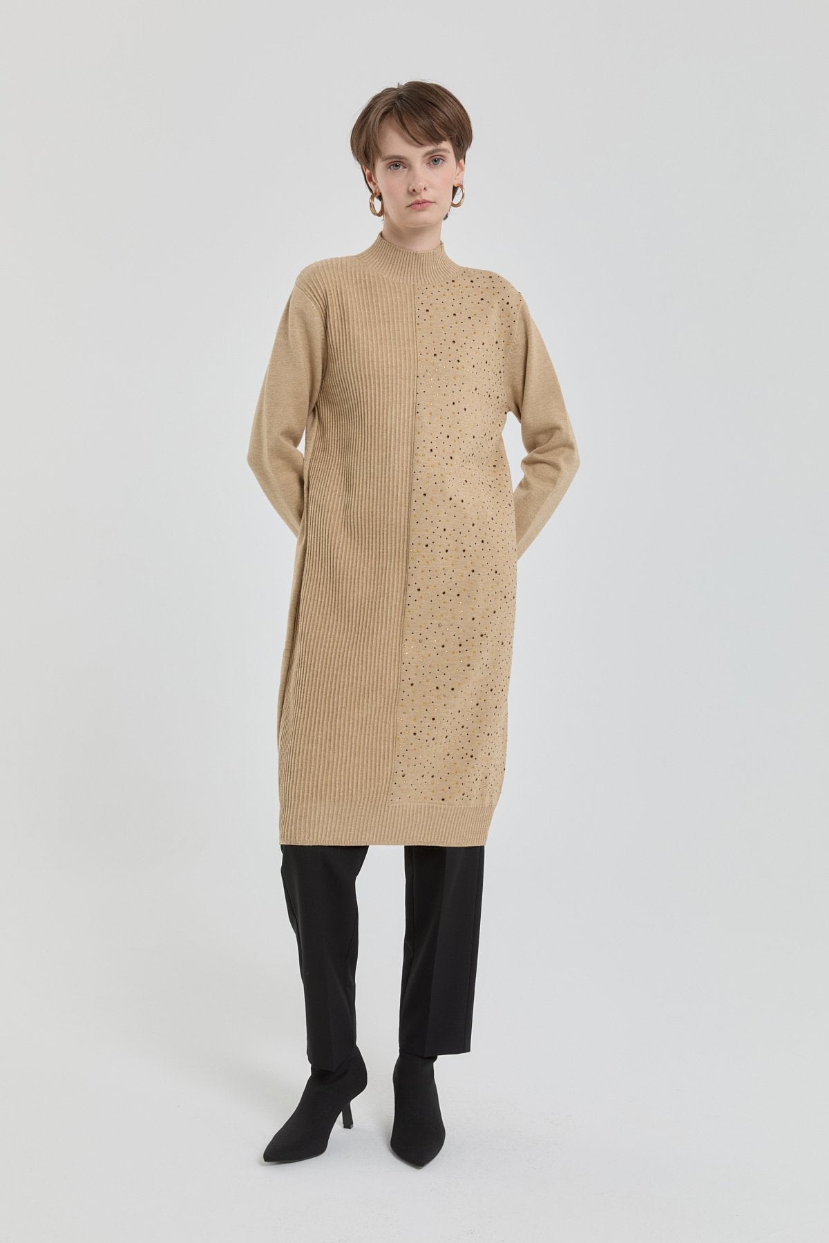 Sequined Ribbed Knit Tunic - Khaki