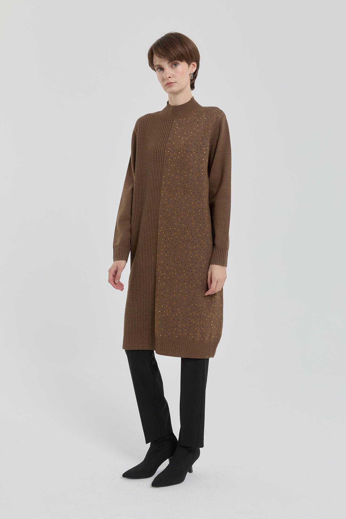 Sequined Ribbed Knit Tunic - Coffee