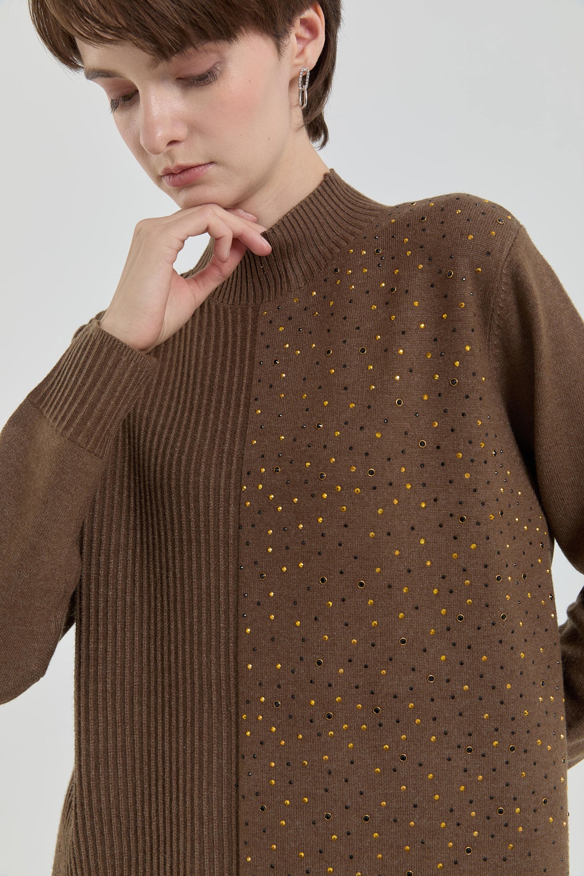 Sequined Ribbed Knit Tunic - Coffee