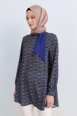 Seyyar Fularlı Desenli Tunik - Saks