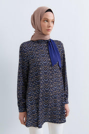 Seyyar Fularlı Desenli Tunik - Saks