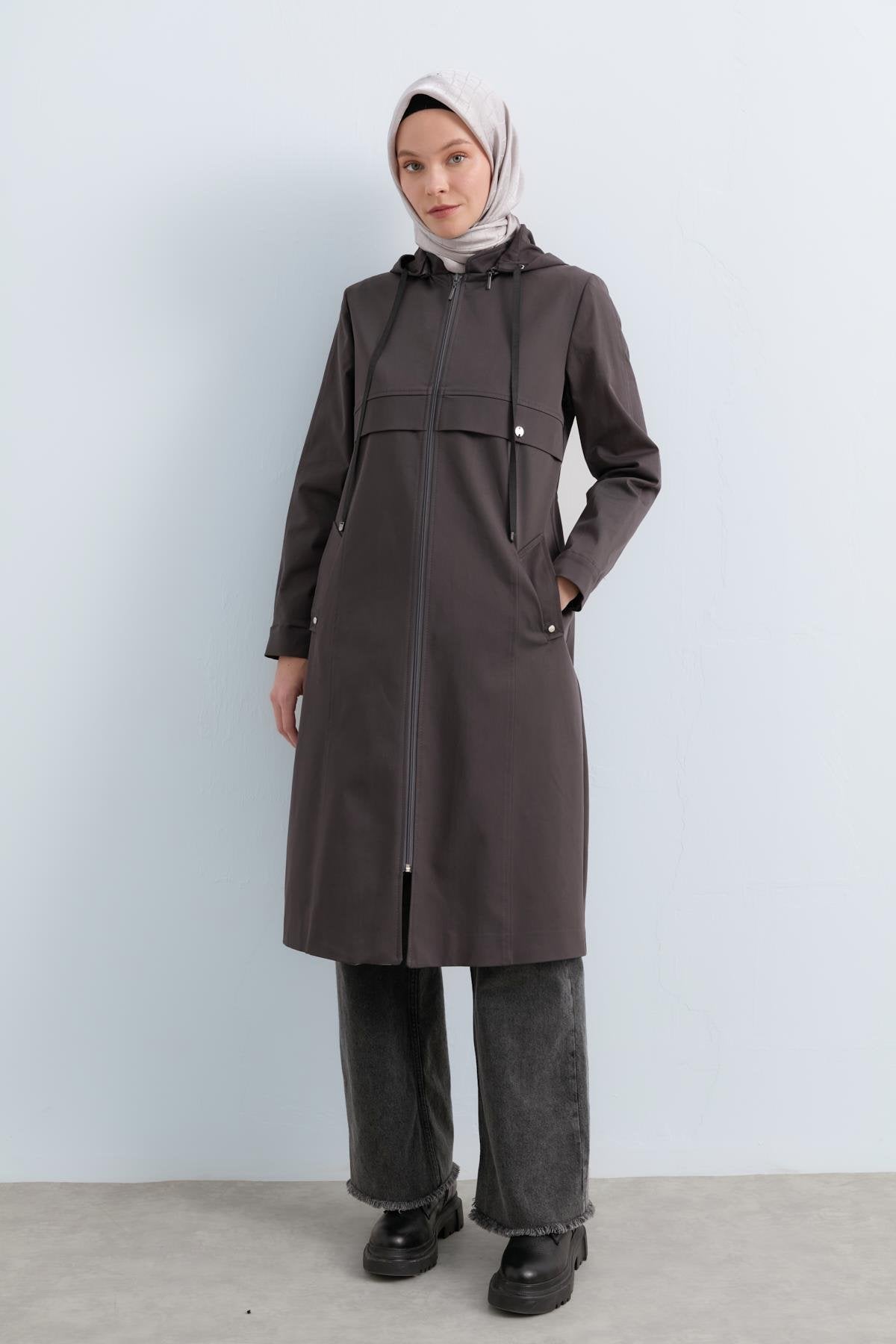 Detachable Hooded Jacket with Pocket Detail - Smoke Grey
