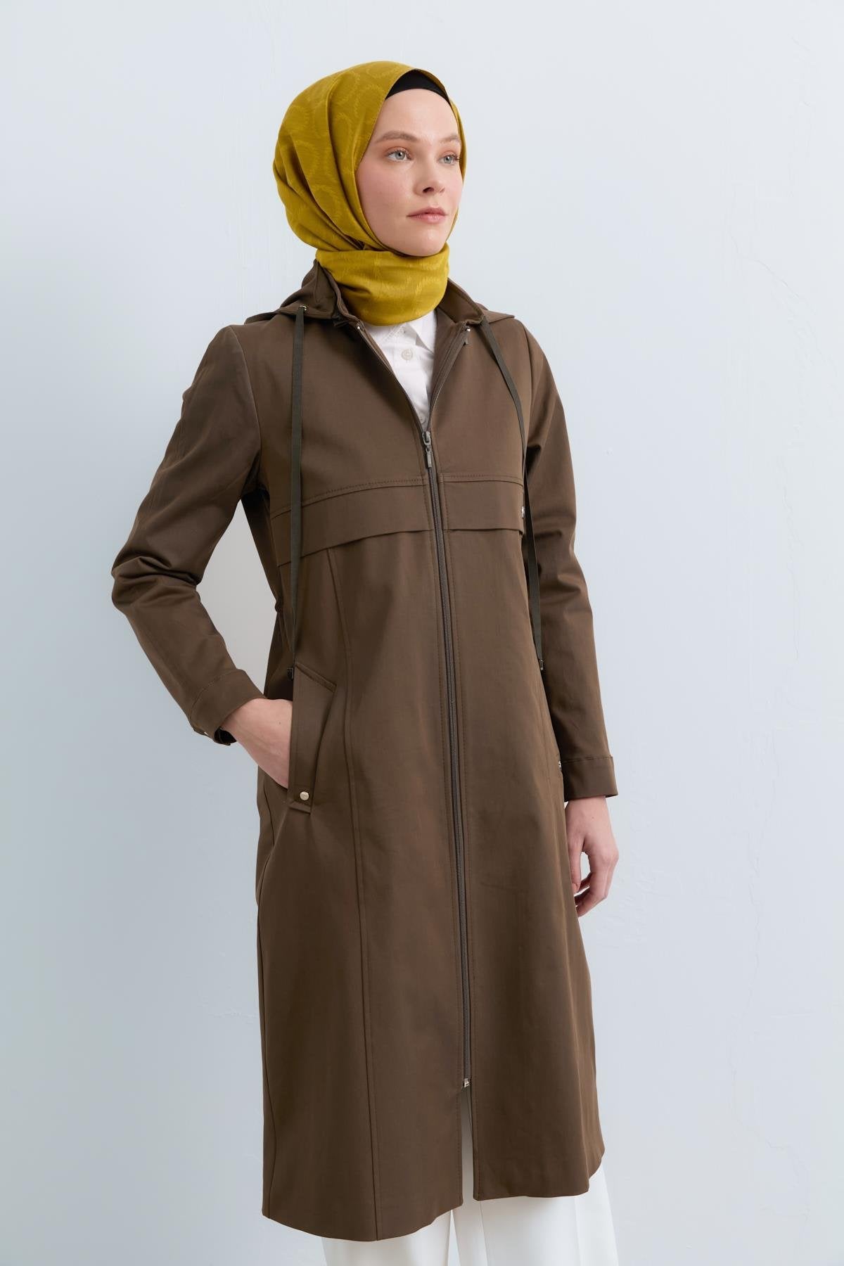 Detachable Hooded Jacket with Pocket Detail - Khaki