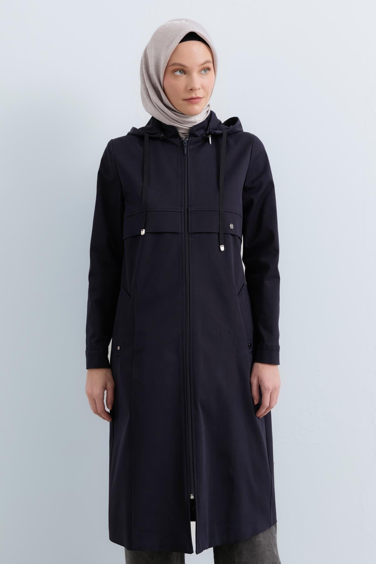 Detachable Hooded Jacket with Pocket Detail - Navy Blue