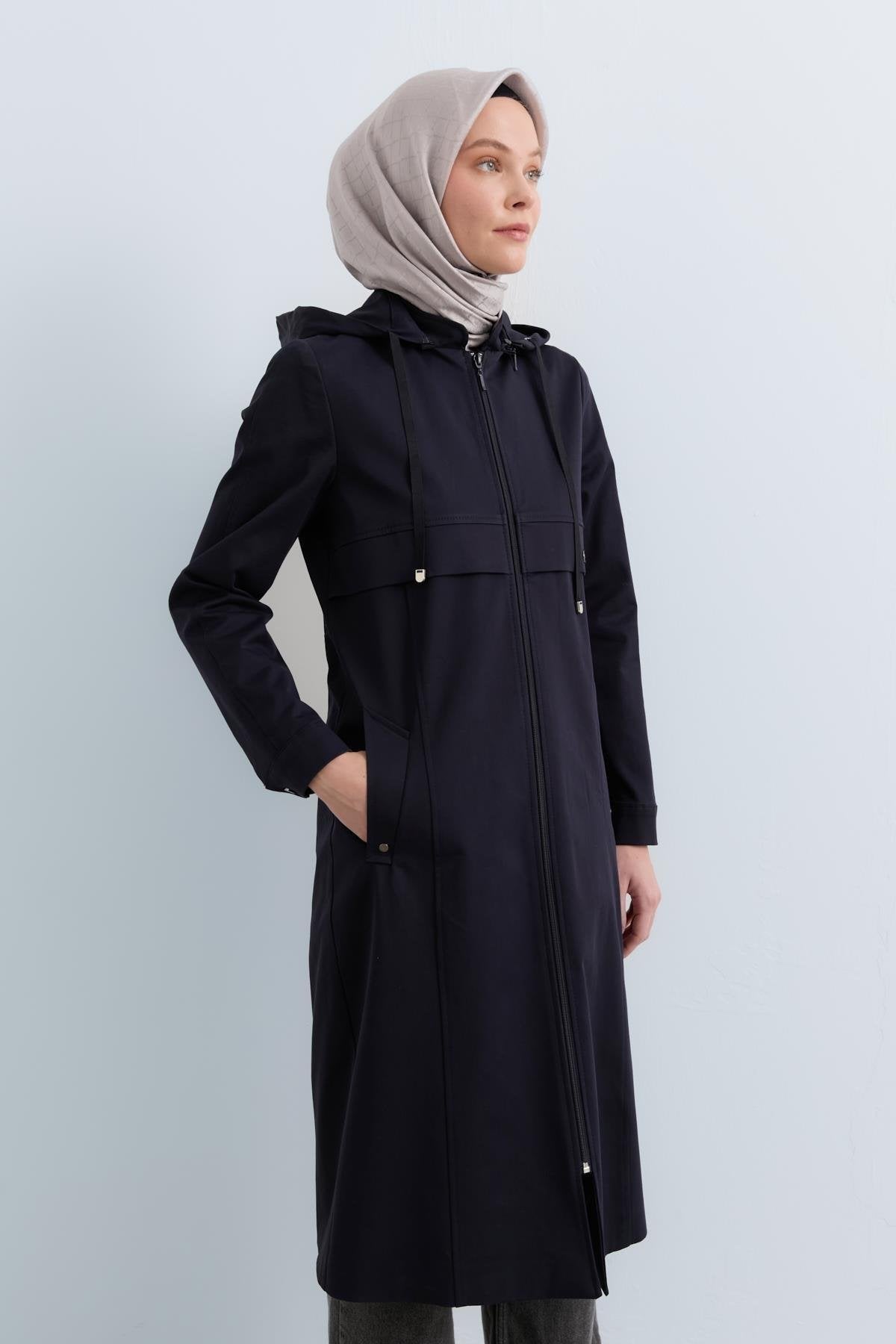Detachable Hooded Jacket with Pocket Detail - Navy Blue