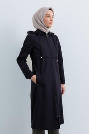 Detachable Hooded Jacket with Pocket Detail - Navy Blue