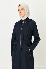 Detachable Hooded Jacket with Zipper Detail - Navy Blue