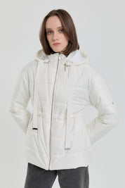Detachable Hooded Quilted Coat - Ecru