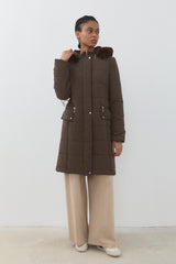 Detachable Hooded Quilted Coat - Brown