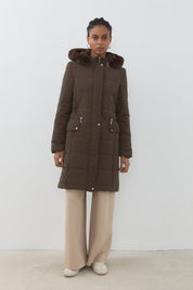 Detachable Hooded Quilted Coat - Brown