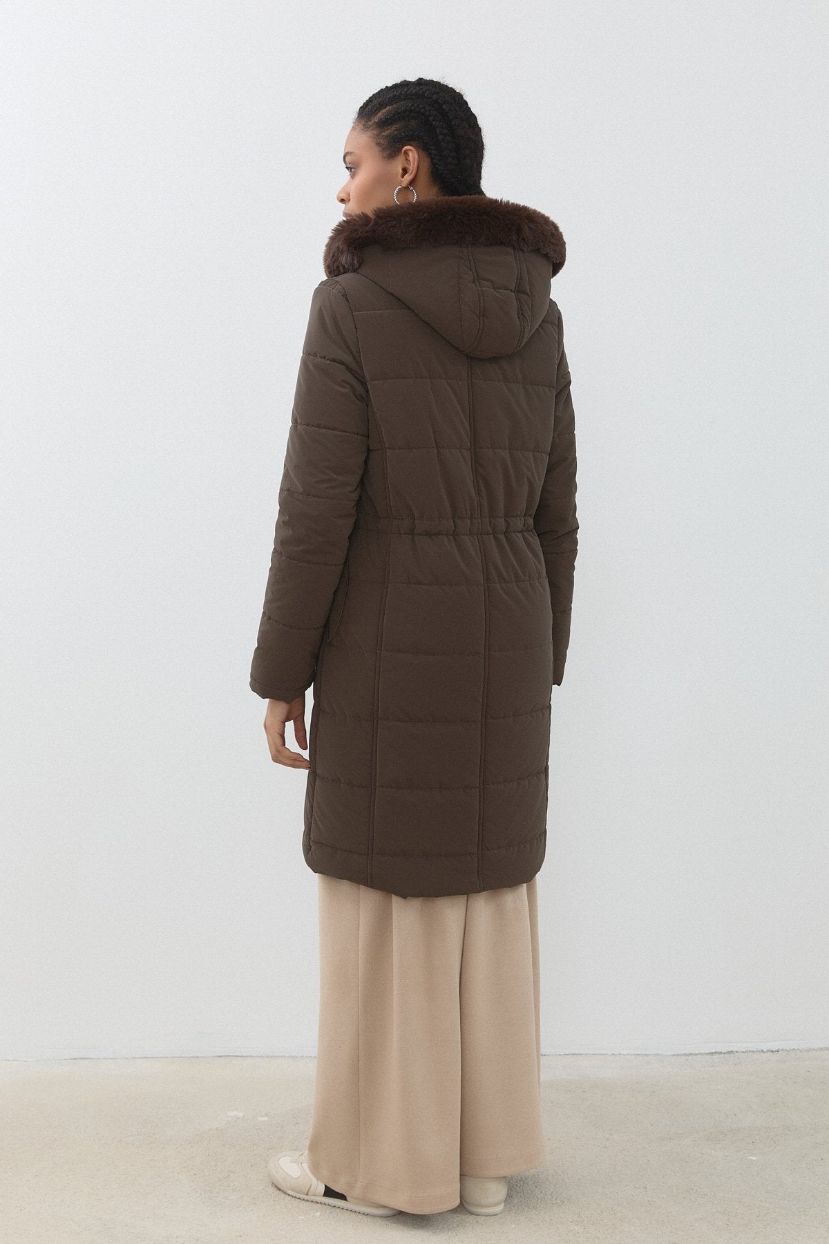 Detachable Hooded Quilted Coat - Brown