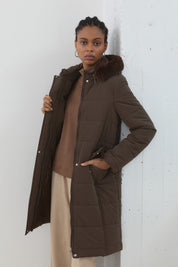 Detachable Hooded Quilted Coat - Brown